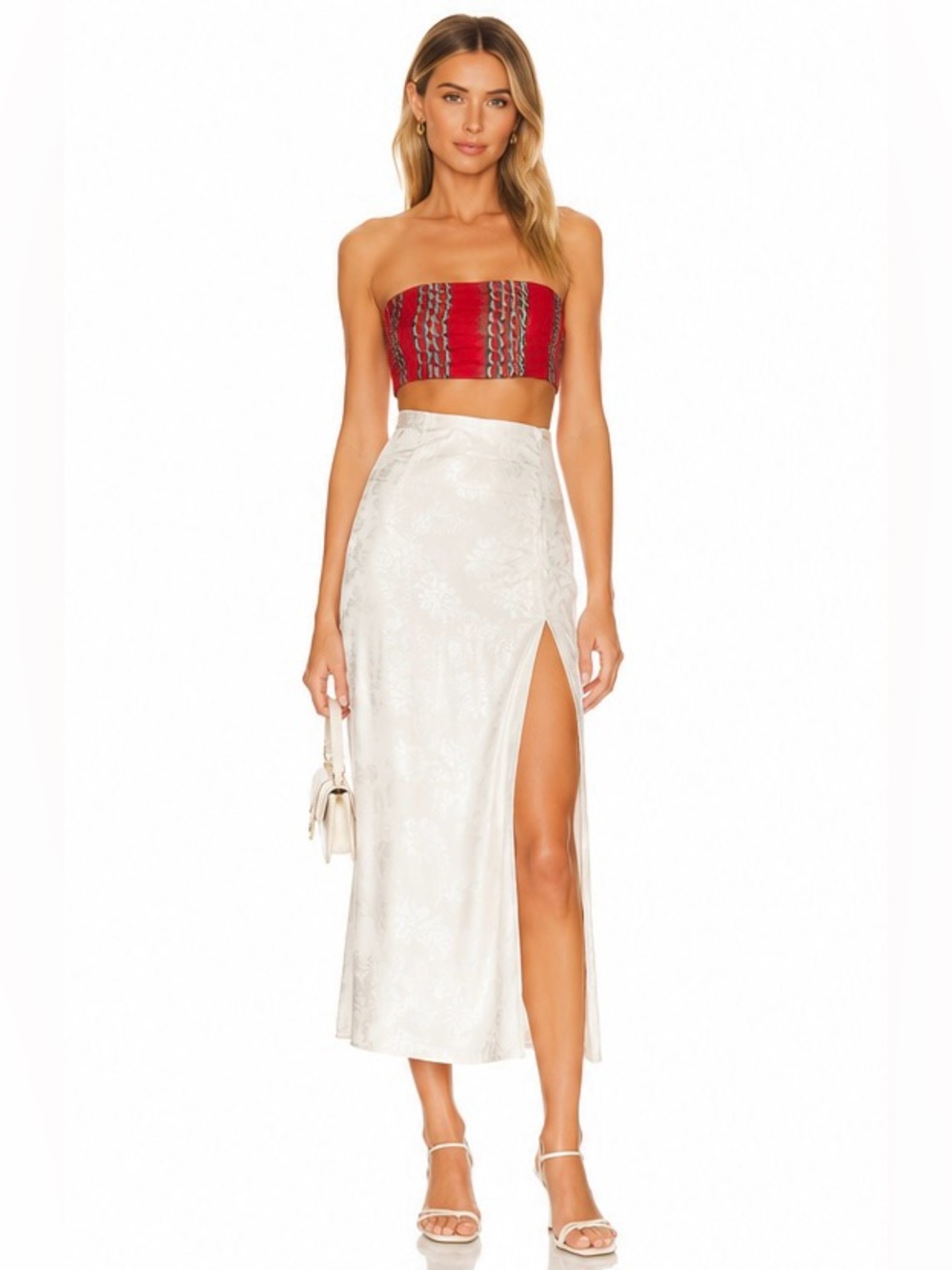 Aritzia White ivory Jacquard Satin Midi Skirt Size 00 Side Slit Slip Skirt